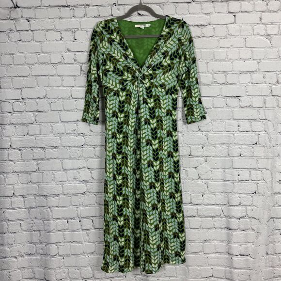 Boden Knit Knot Twist Front Jersey Printed Midi Day Dress Womens 6 Green Multi - Picture 1 of 11